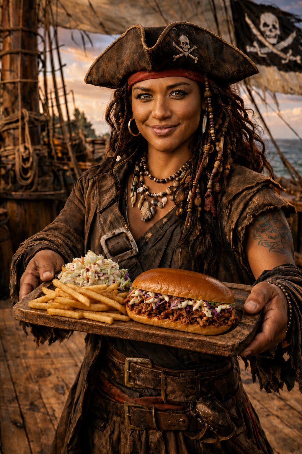 A pirate aboard ship presenting a brioche roll piled with pulled filling and slaw, served with fries and coleslaw
