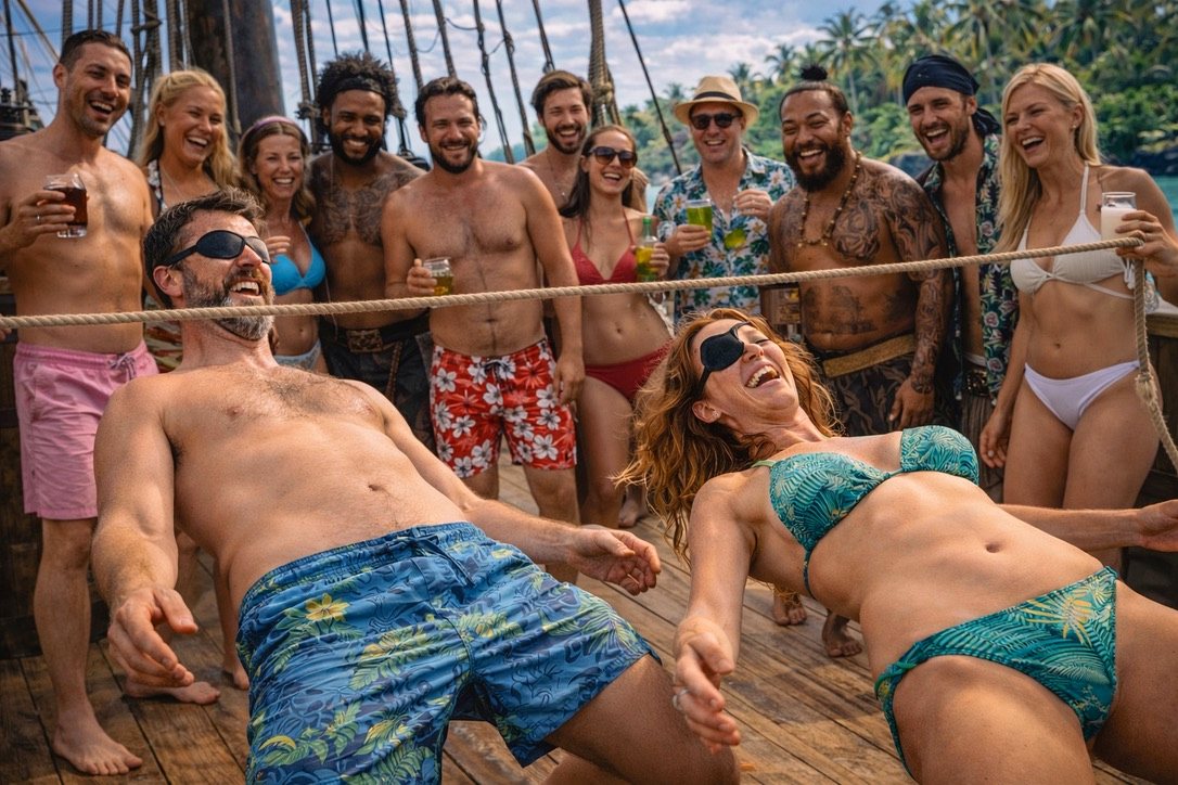 Guests laughing through a limbo game on the ship's main deck, drinks in hand, palm-fringed bay behind
