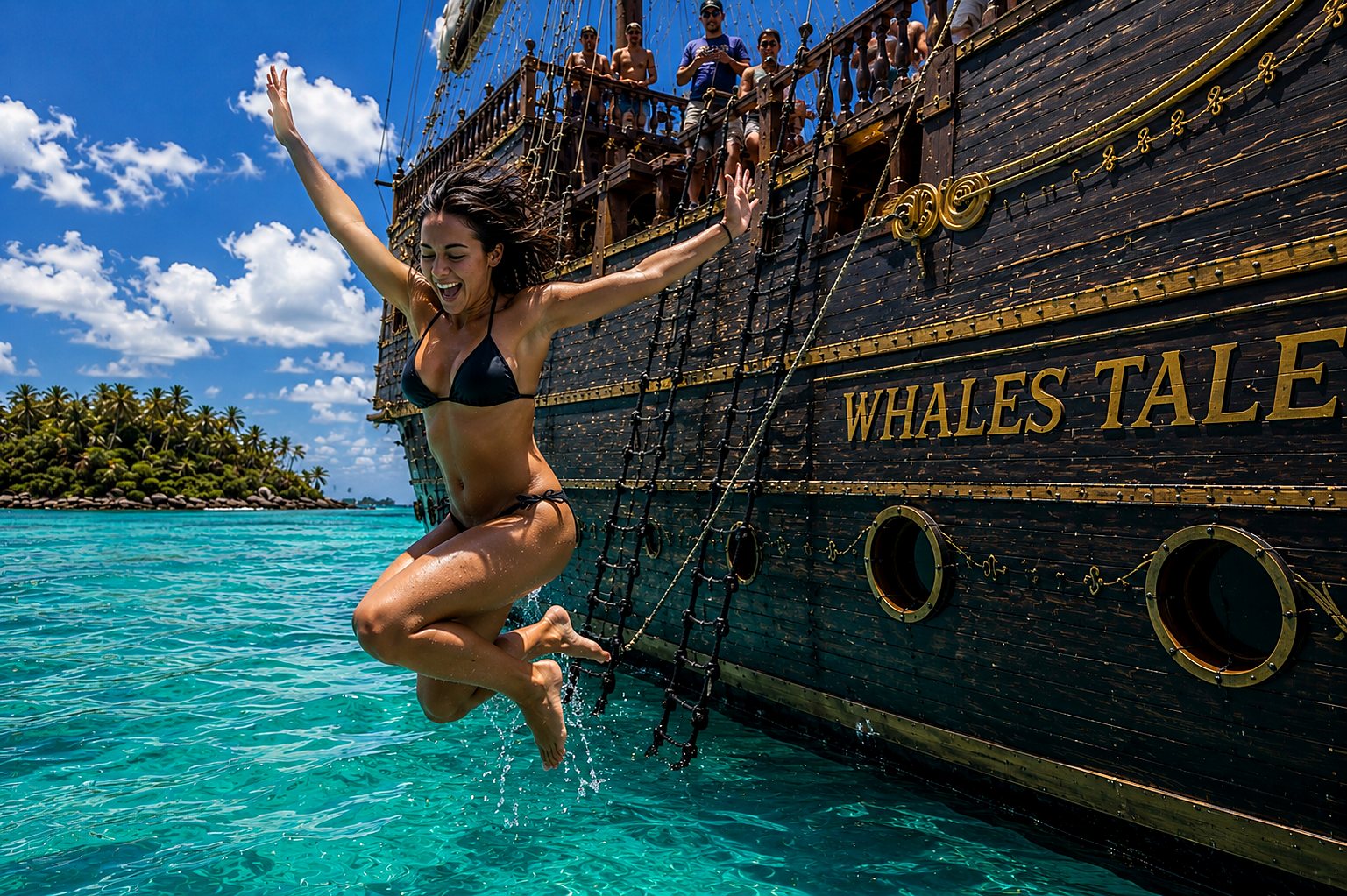 A guest leaping joyfully from the ship's side into clear turquoise water while others cheer from the deck
