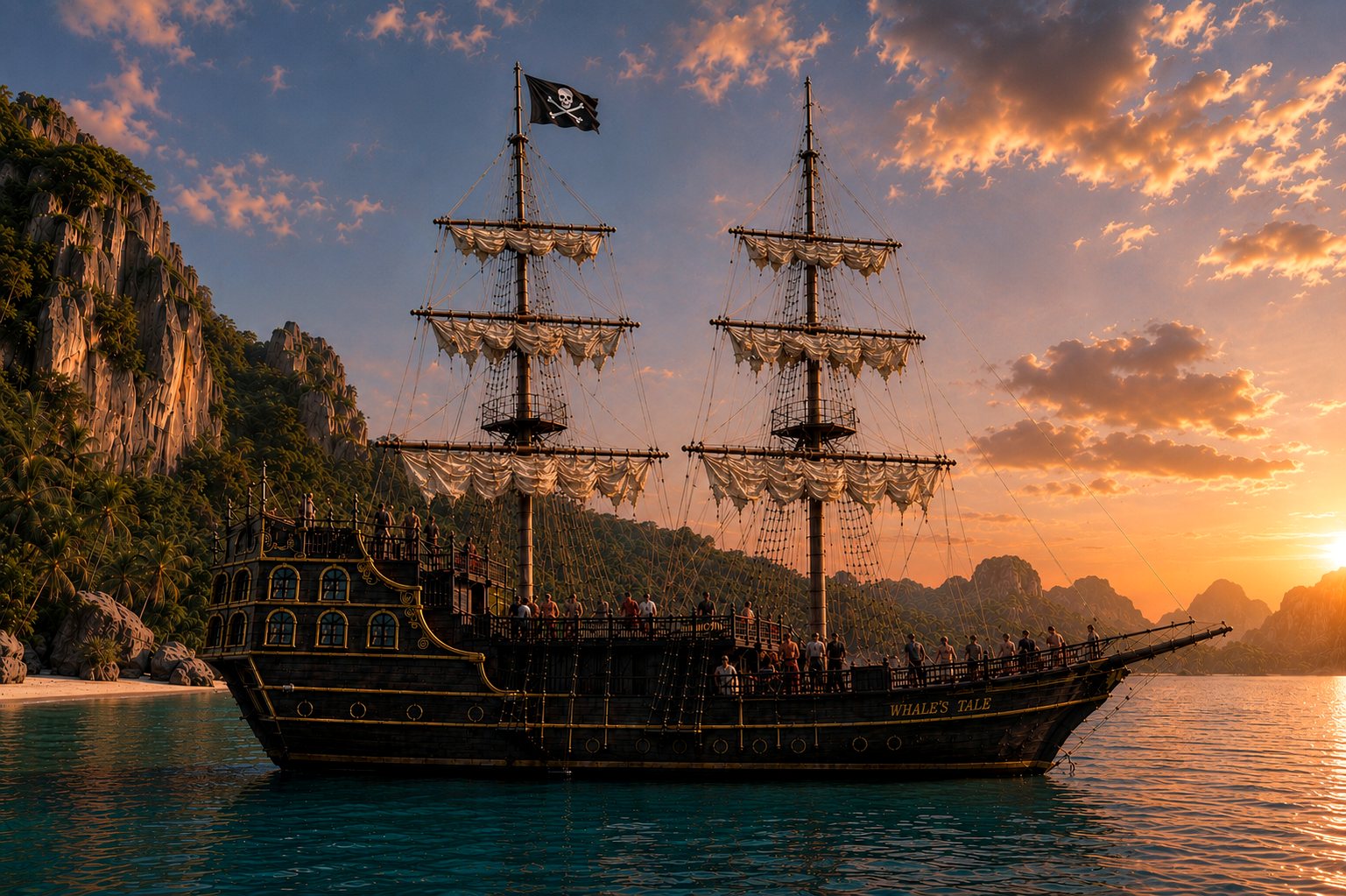 The Whale's Tale at golden hour, three tiers of furled sails on each mast and the Jolly Roger flying