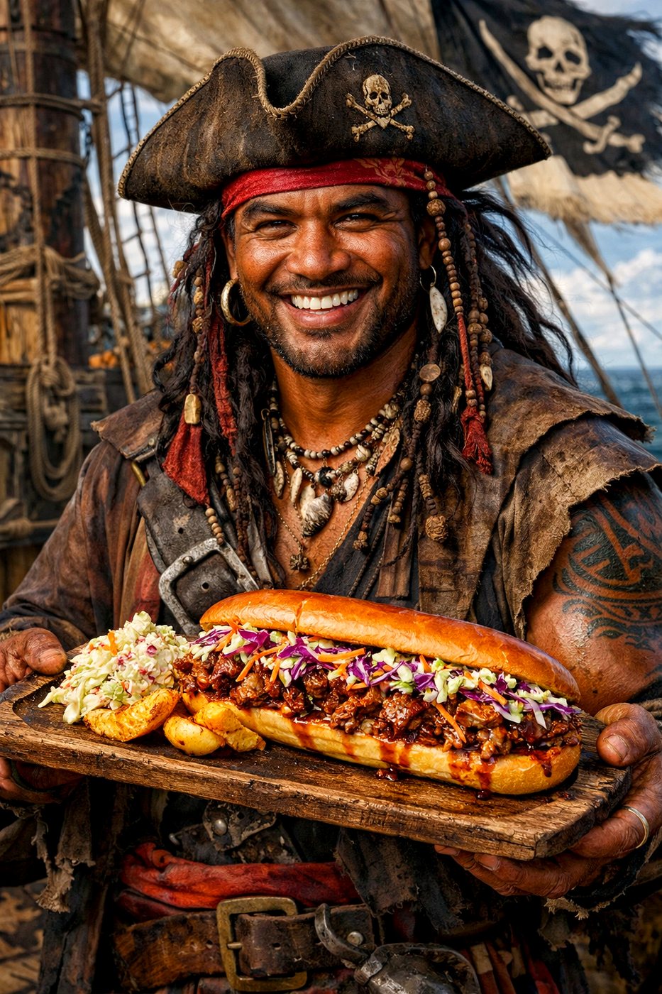 A grinning pirate crew member presenting a loaded BBQ roll with slaw on a timber platter