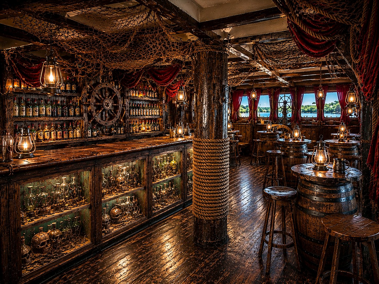 Neptune's Tavern bar with a ship's wheel, lanterns, rope-wrapped pillars and shelves of bottles