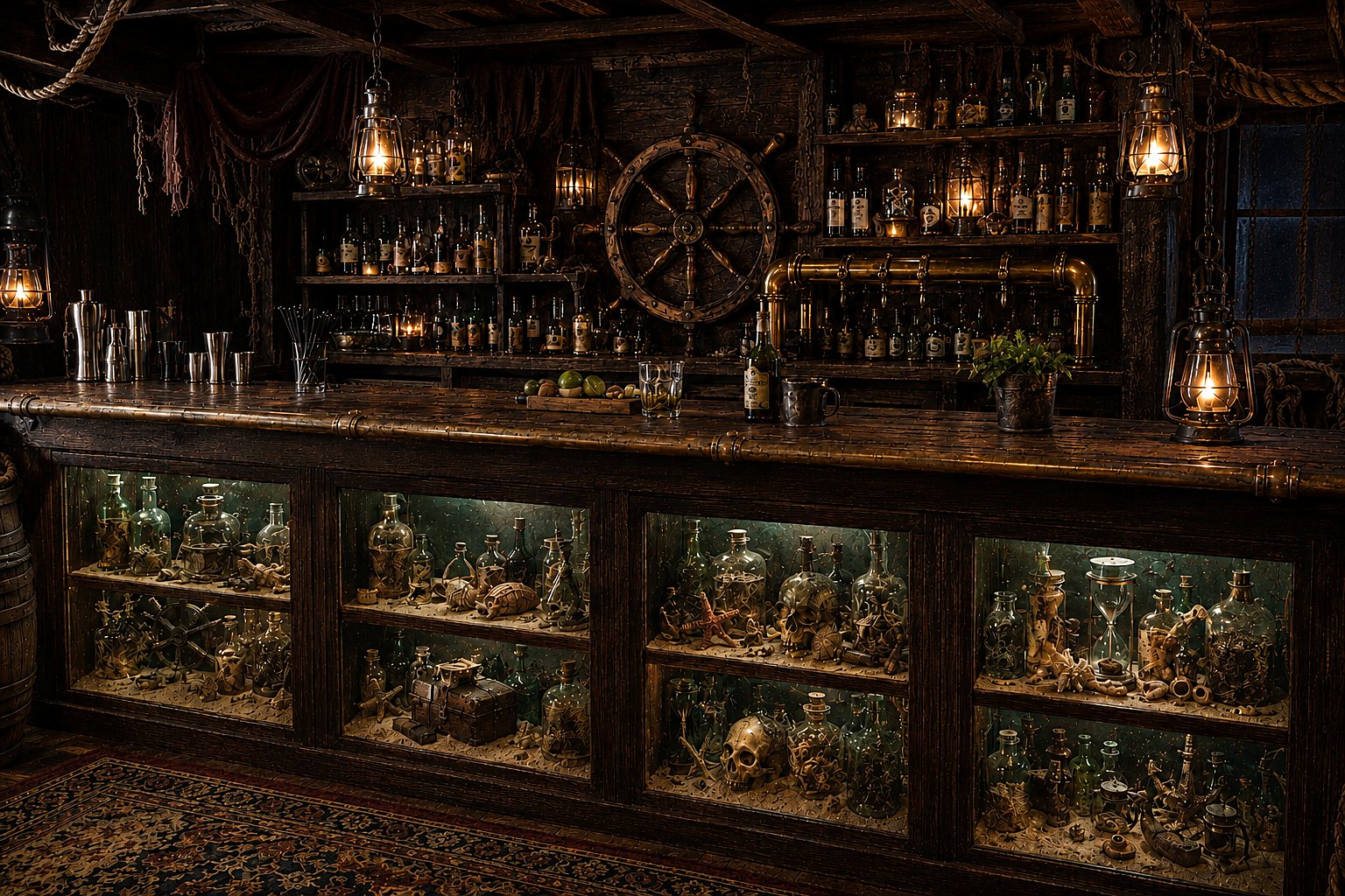 Close-up of the tavern bar's glass cabinets filled with curiosities, bottles and treasure