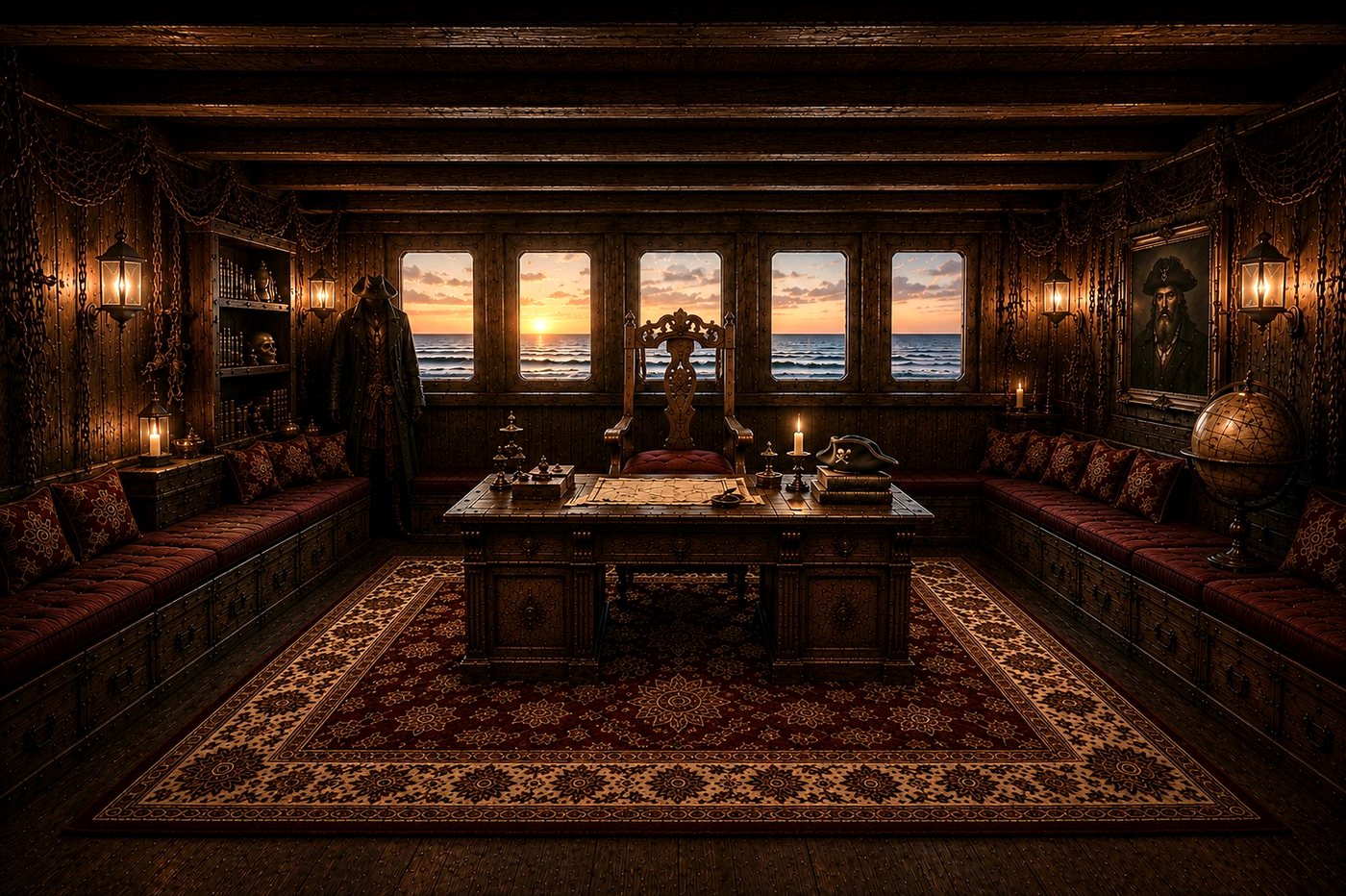 The captain's quarters: carved desk with charts, lantern light and sunset through the stern windows